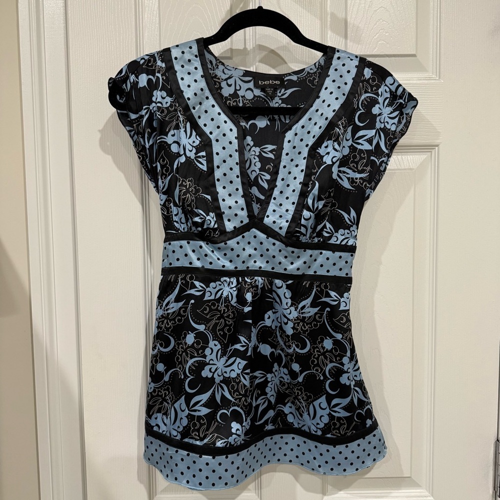 BEBE Silk Blue Blouse polka dots